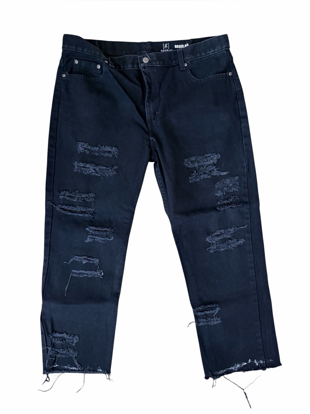 Reworked Distressed Black Jeans - Regular Fit, Size 38